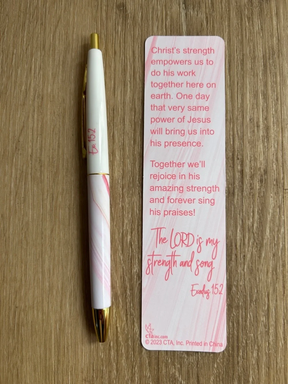 Strong in the Lord Floral Bookmark with Pink & Peach Pen